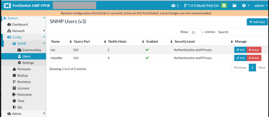 FortiSwitch SNMPv3 configuration