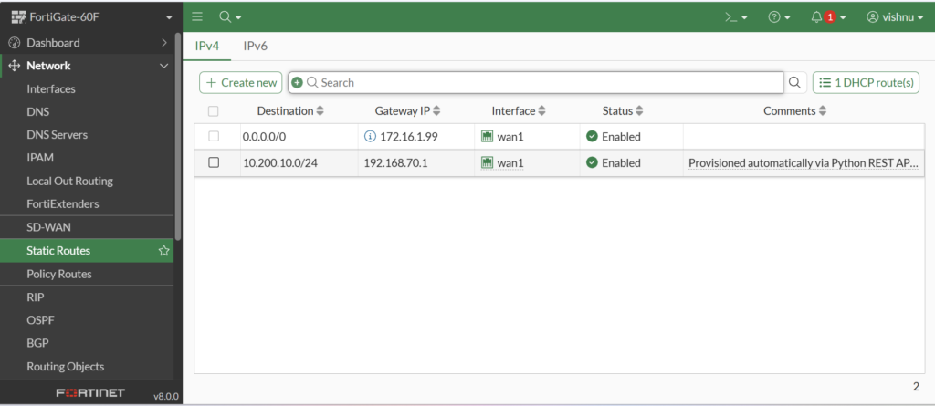 FortiGate static route with REST API