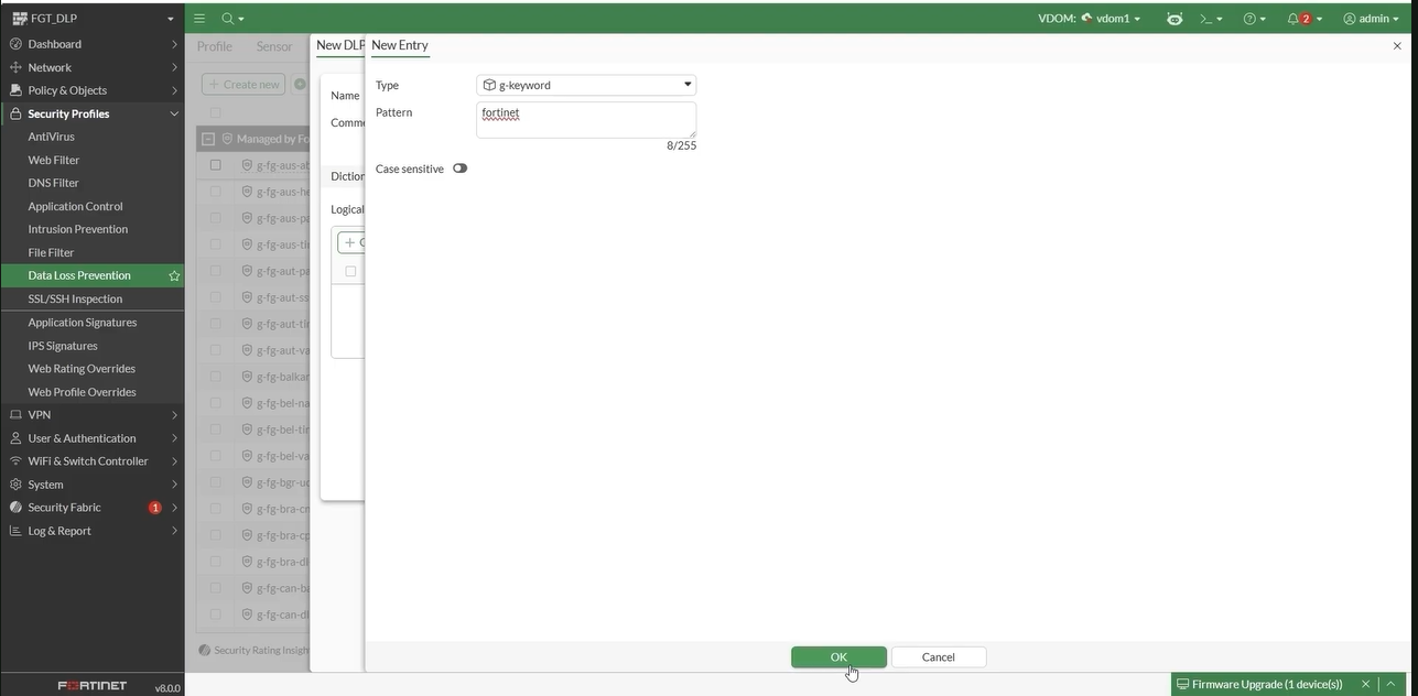 FortiOS WebSocket DLP: Block Sensitive Data in Copilot Chats 2 FortiOS WebSocket DLP dictionary new entry — type g-keyword, pattern fortinet