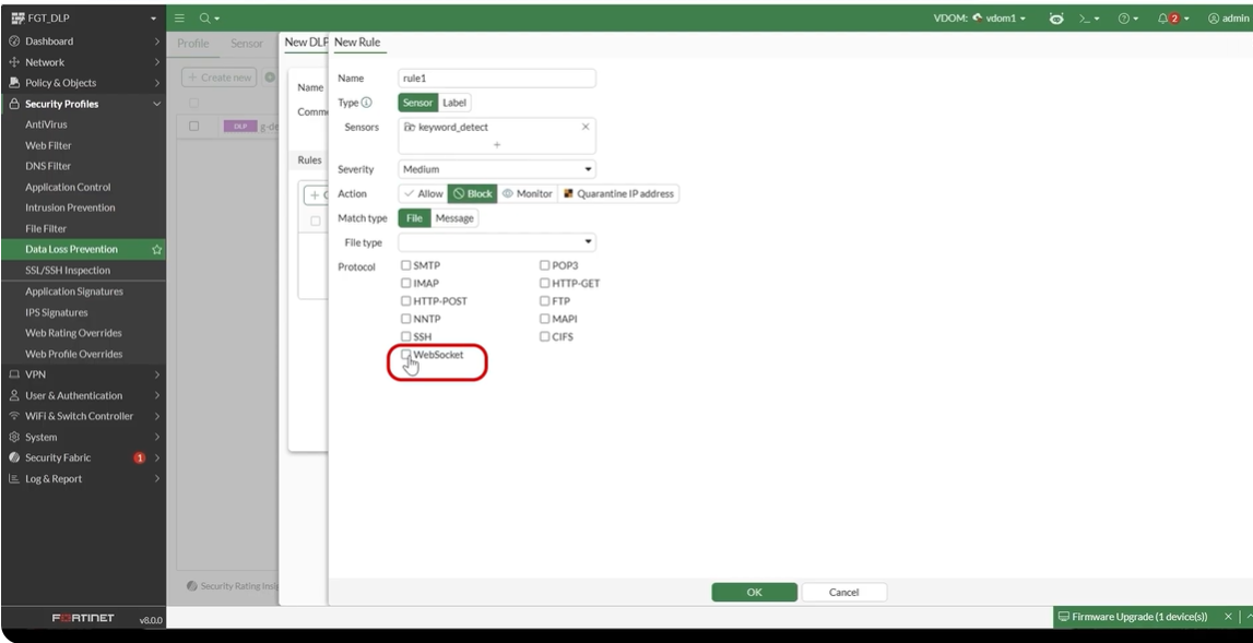 FortiOS WebSocket DLP: Block Sensitive Data in Copilot Chats 3 FortiGate DLP profile new rule — sensor keyword_detect, action block, WebSocket protocol selected