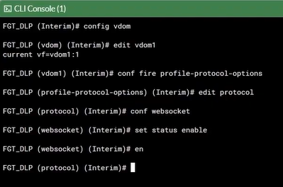 FortiOS WebSocket DLP: Block Sensitive Data in Copilot Chats 4 FortiGate CLI console enabling WebSocket under firewall profile-protocol-options