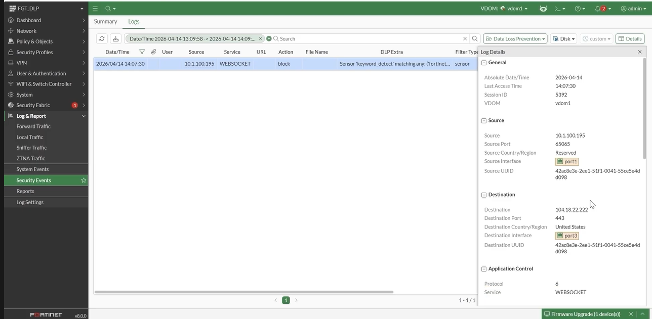 FortiOS WebSocket DLP: Block Sensitive Data in Copilot Chats 6 FortiGate Security Events log showing a blocked WebSocket DLP event with keyword_detect sensor match